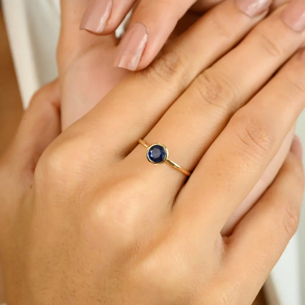 Round Cut Gemstone Natural Blue Sapphire Single Stone Bezel Set Ring Pure K14 Yellow Gold