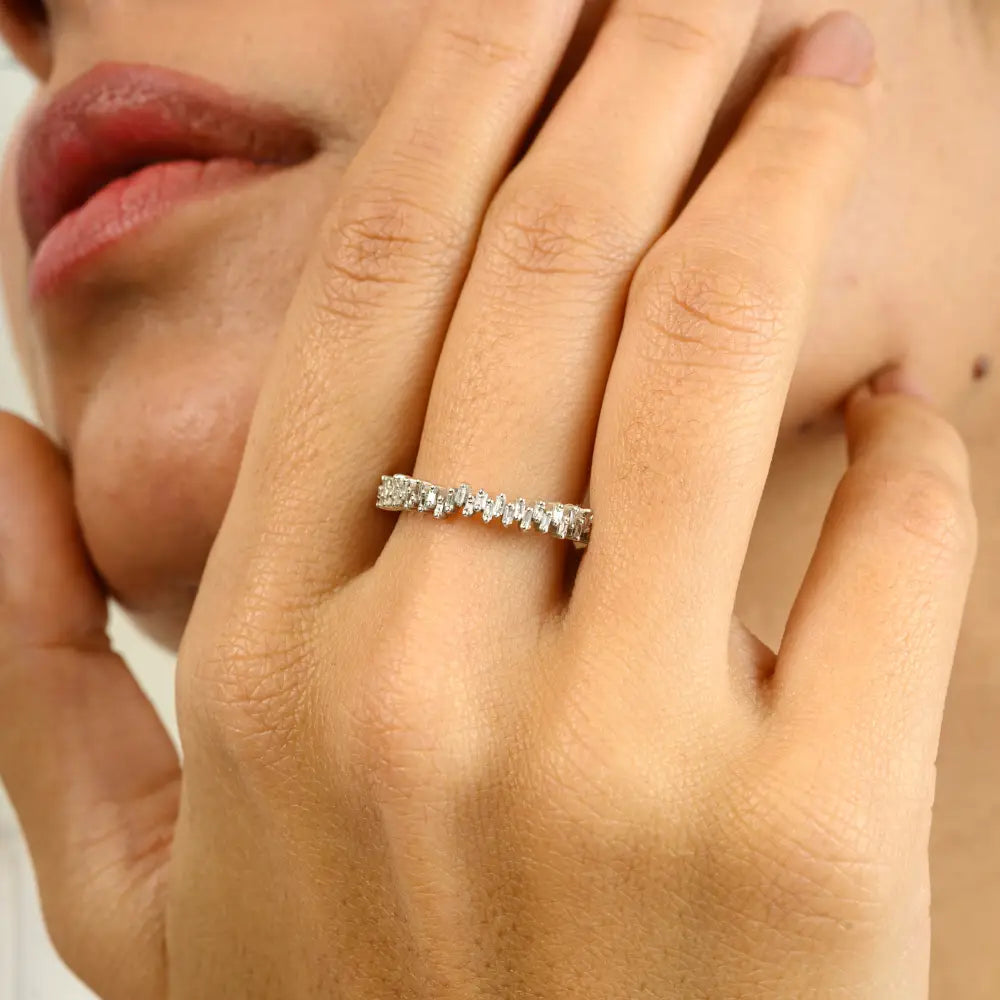 Baguette Cut Natural Diamond Zig Zag Stackable Ring Unisex 18K Gold Engagement Jewelry