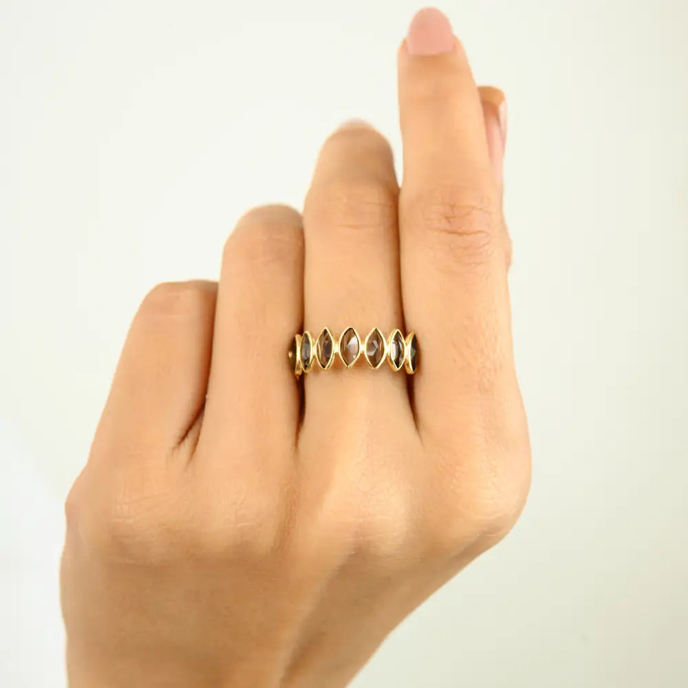 Marquise Cut Smoky Topaz Simple Half Eternity Band Ring Trending K18 Yellow Gold Jewelry