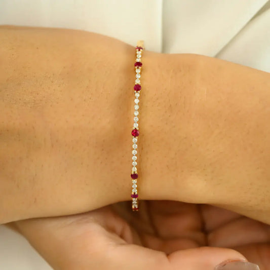 Good Quality Round Ruby & Diamond Tennis Bangle & Bracelet 14K Yellow Gold Stacked Jewelry