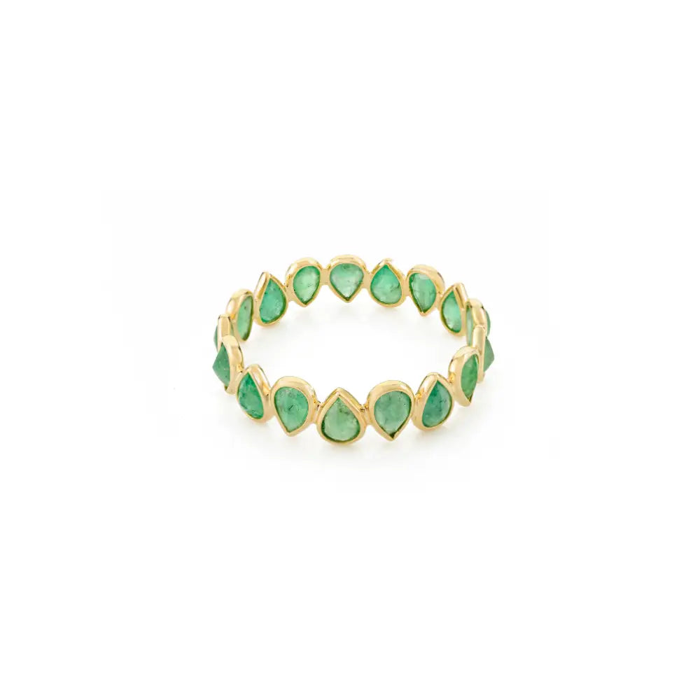 Real 18K Yellow Gold Bezel Set Emerald Stacking Full Eternity Band Ring Everyday Jewelry