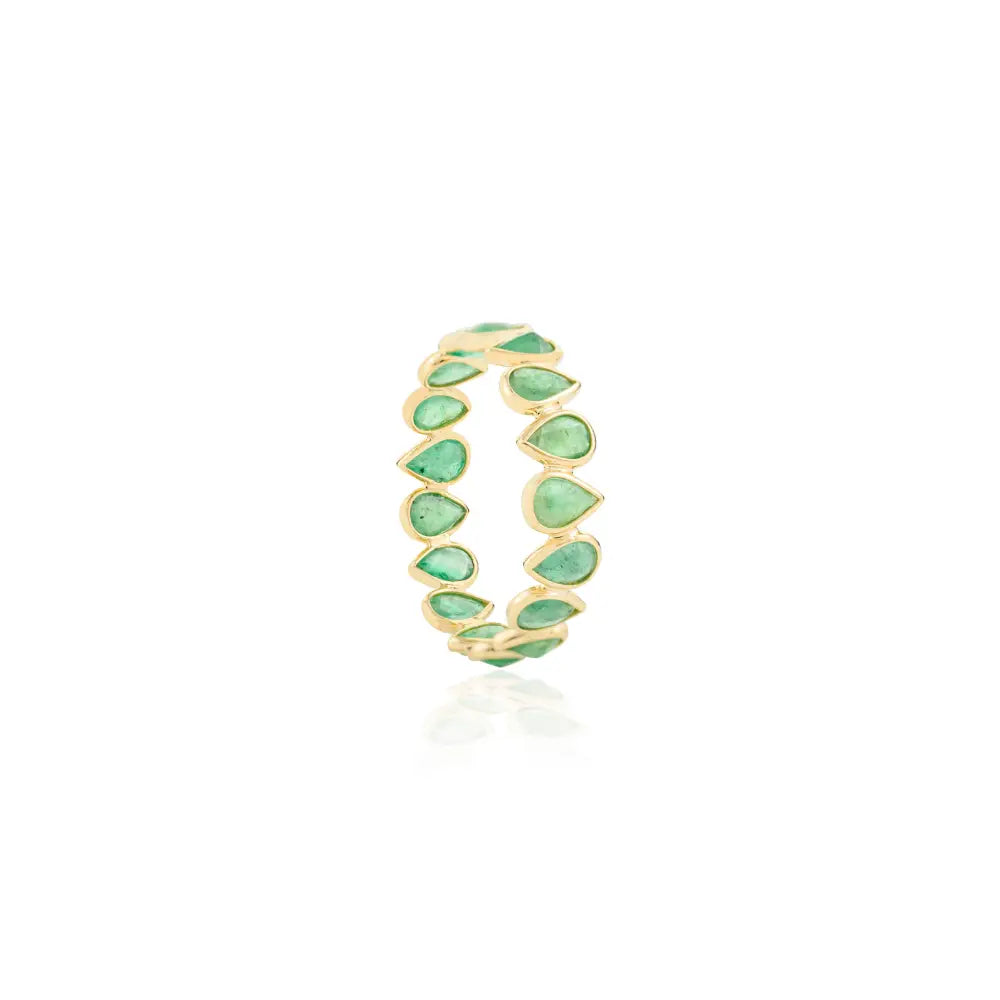 Real 18K Yellow Gold Bezel Set Emerald Stacking Full Eternity Band Ring Everyday Jewelry