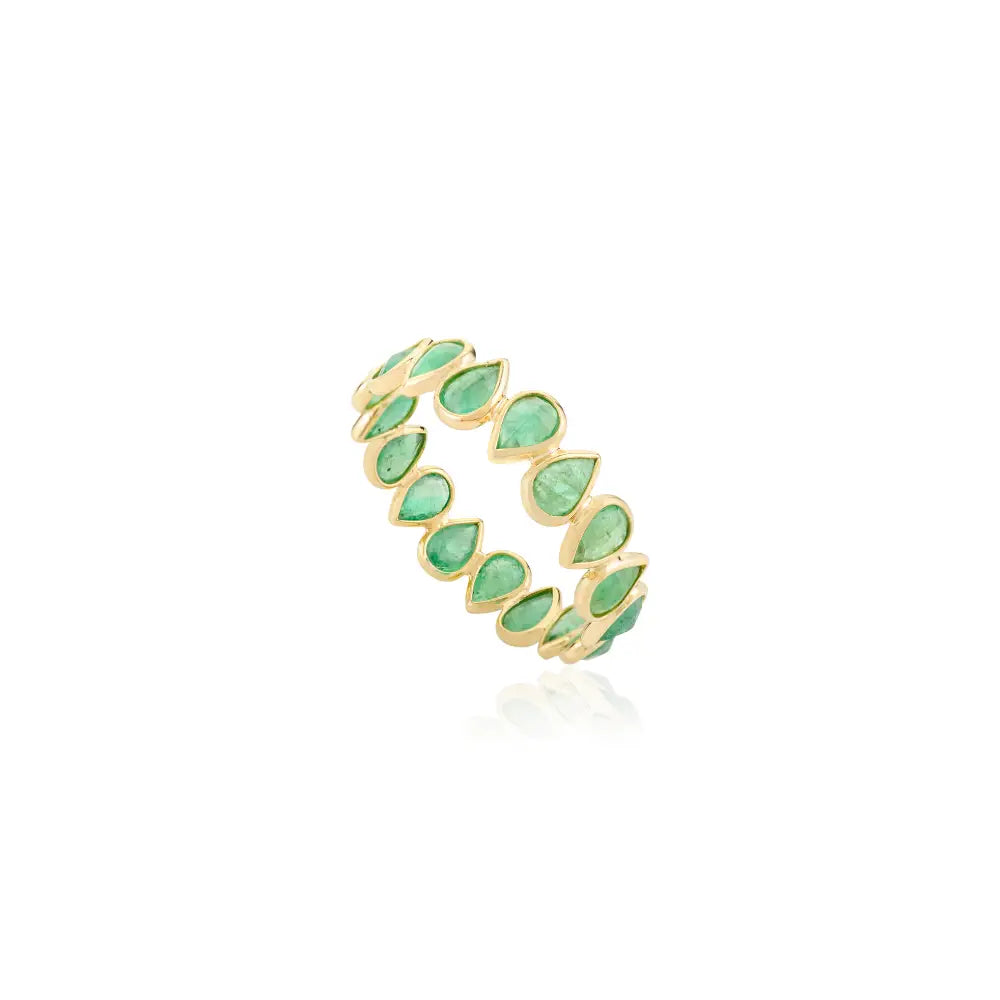 Real 18K Yellow Gold Bezel Set Emerald Stacking Full Eternity Band Ring Everyday Jewelry
