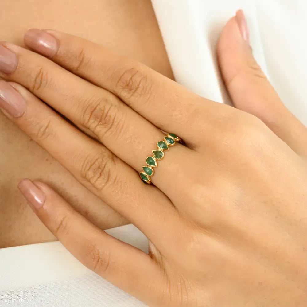 Real 18K Yellow Gold Bezel Set Emerald Stacking Full Eternity Band Ring Everyday Jewelry