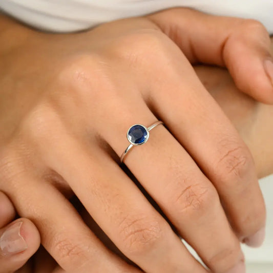 Elegant Classic Round Cut Blue Sapphire Single Stone Real K14 White Gold Stackable Ring
