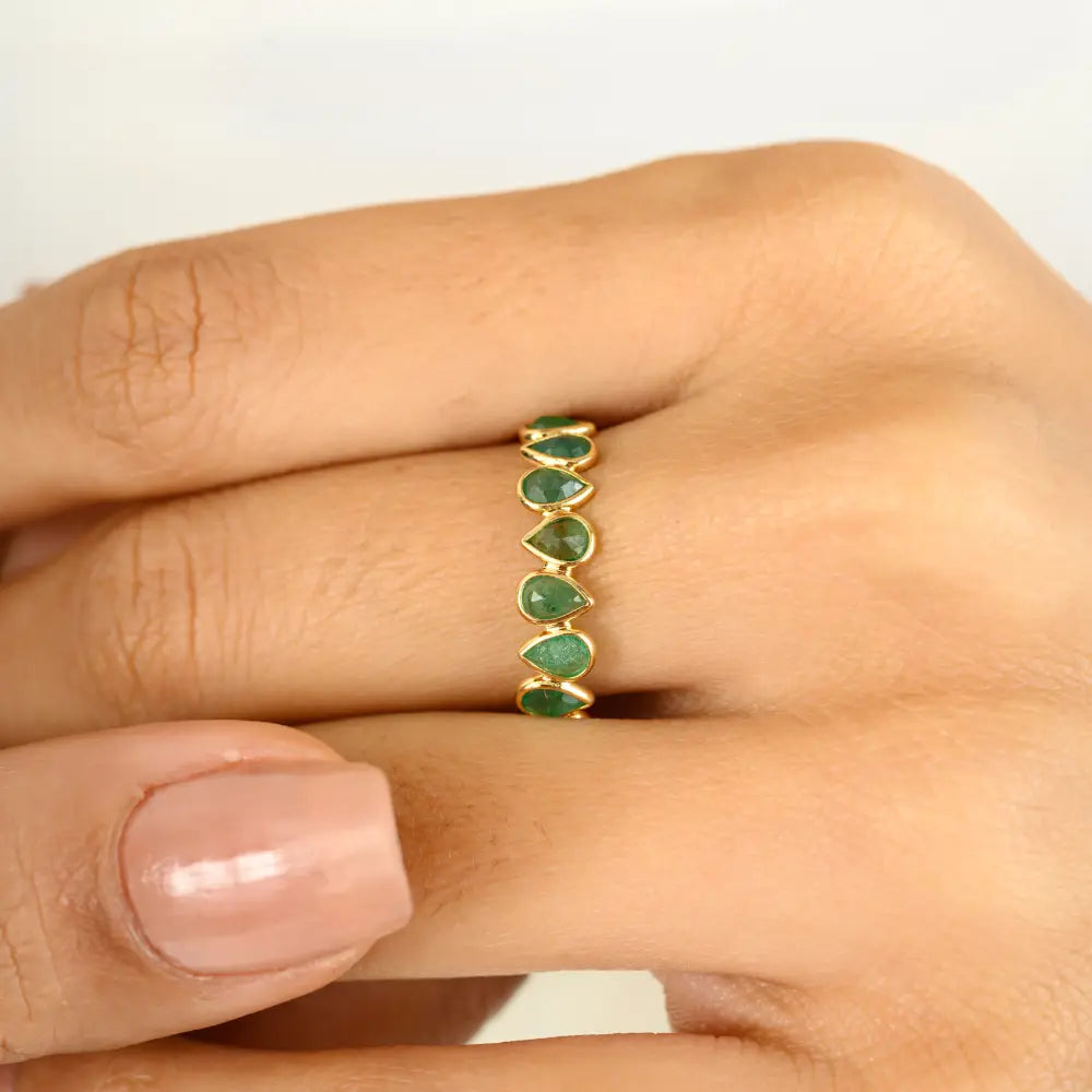 Real 18K Yellow Gold Bezel Set Emerald Stacking Full Eternity Band Ring Everyday Jewelry