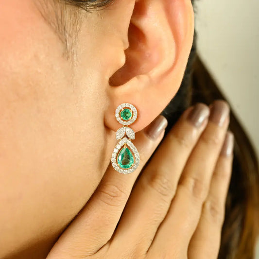 18K Yellow Gold Emerald & Diamond Drop Earrings For Women Engagement Gift Jewelry