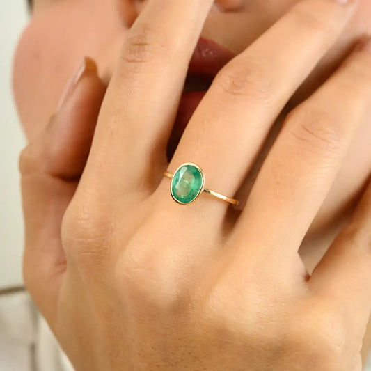 Fine Gemstone Emerald 14K Yellow Gold Single Stone Stackable Ring Simple Everyday Jewelry