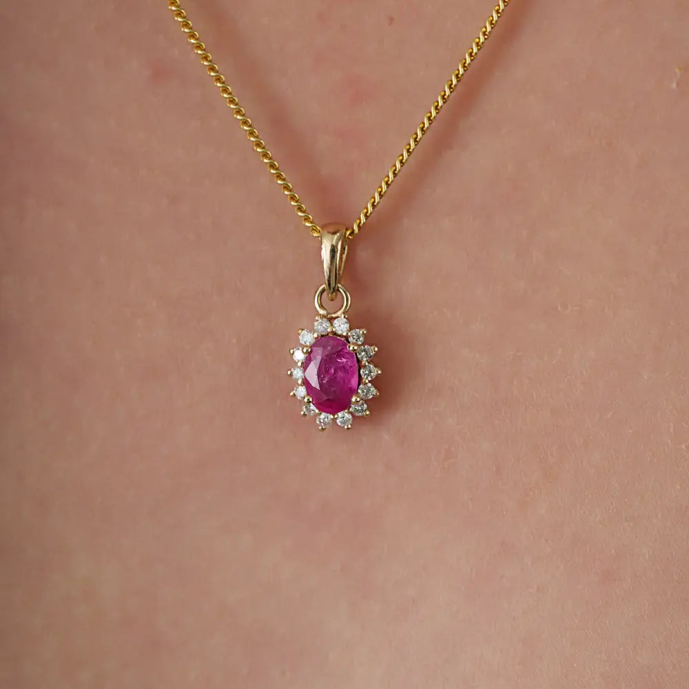 July Birthstone Real Ruby & Diamond 14K Yellow Gold Cluster Pendant Anniversary Gift