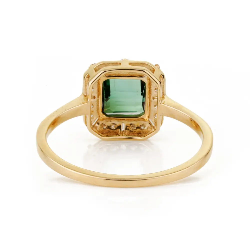 14K Real Yellow Gold Green Tourmaline & Diamond Halo Minimal Ring Stackable Jewelry
