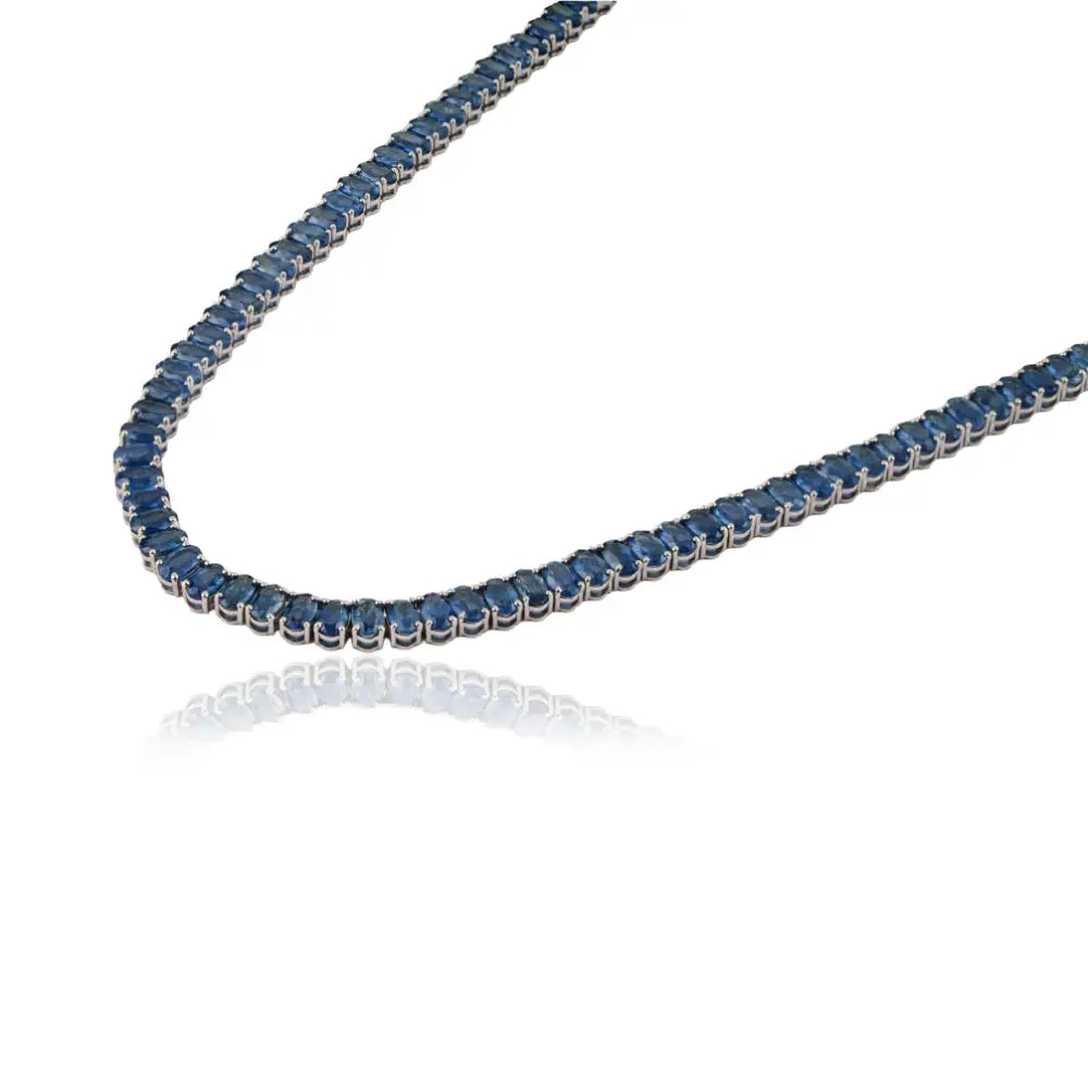 Handmade Design Blue Sapphire 14K White Gold Statement Tennis Necklace For Wedding