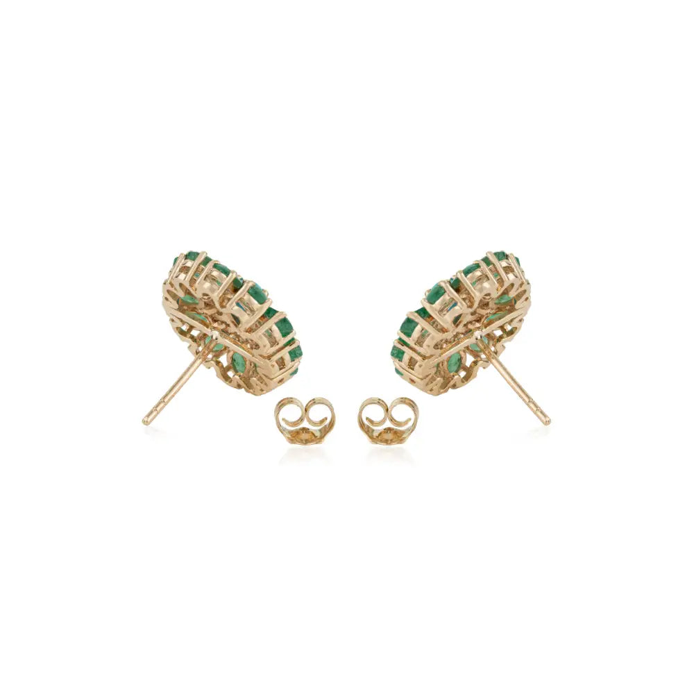 Natural Gemstone Emerald Turquoise & Diamond Floral Halo Stud Earrings 14K Yellow Gold