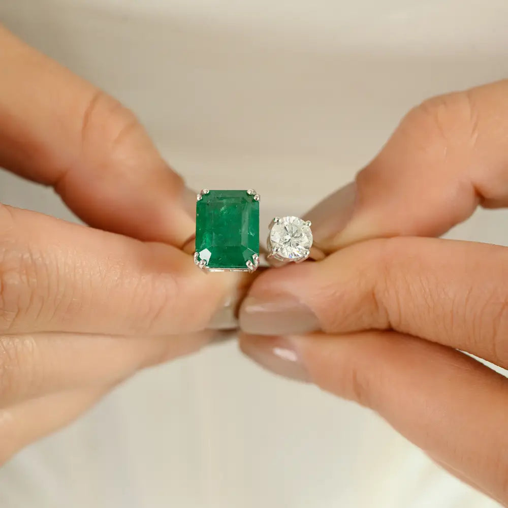 Precious Gemstone Double Prong Set Emerald & Diamond 14K White Gold Open Ring Unisex