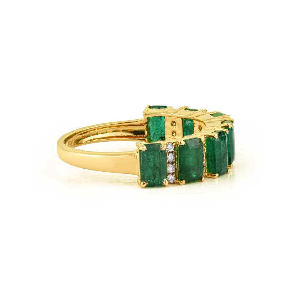 Zambian Emerald & Diamond Fine 18K Yellow Gold Half Eternity Band Ring Precious Jewelry