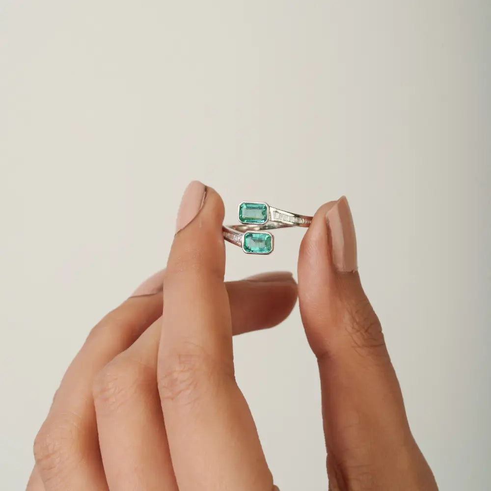 Bezel Set Emerald & Diamond Latest Design Bypass Ring K14 White Gold Fine Custom Jewelry