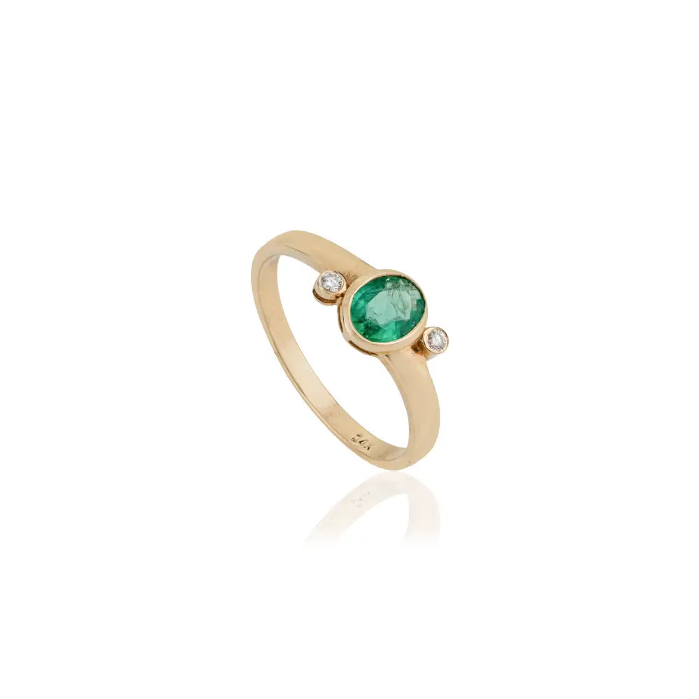 Bezel Set Emerald & Diamond K14 Pure Yellow Gold Minimal Gemstone Ring Stacking Jewelry
