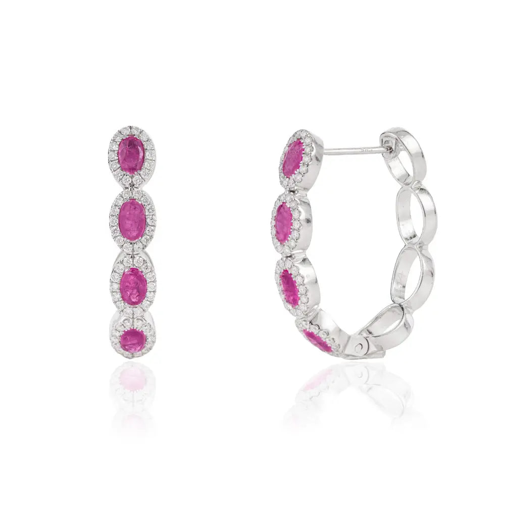 100% Genuine Ruby & Diamond Halo Hoop Earrings Bold Jewelry For Women's 14K White Gold