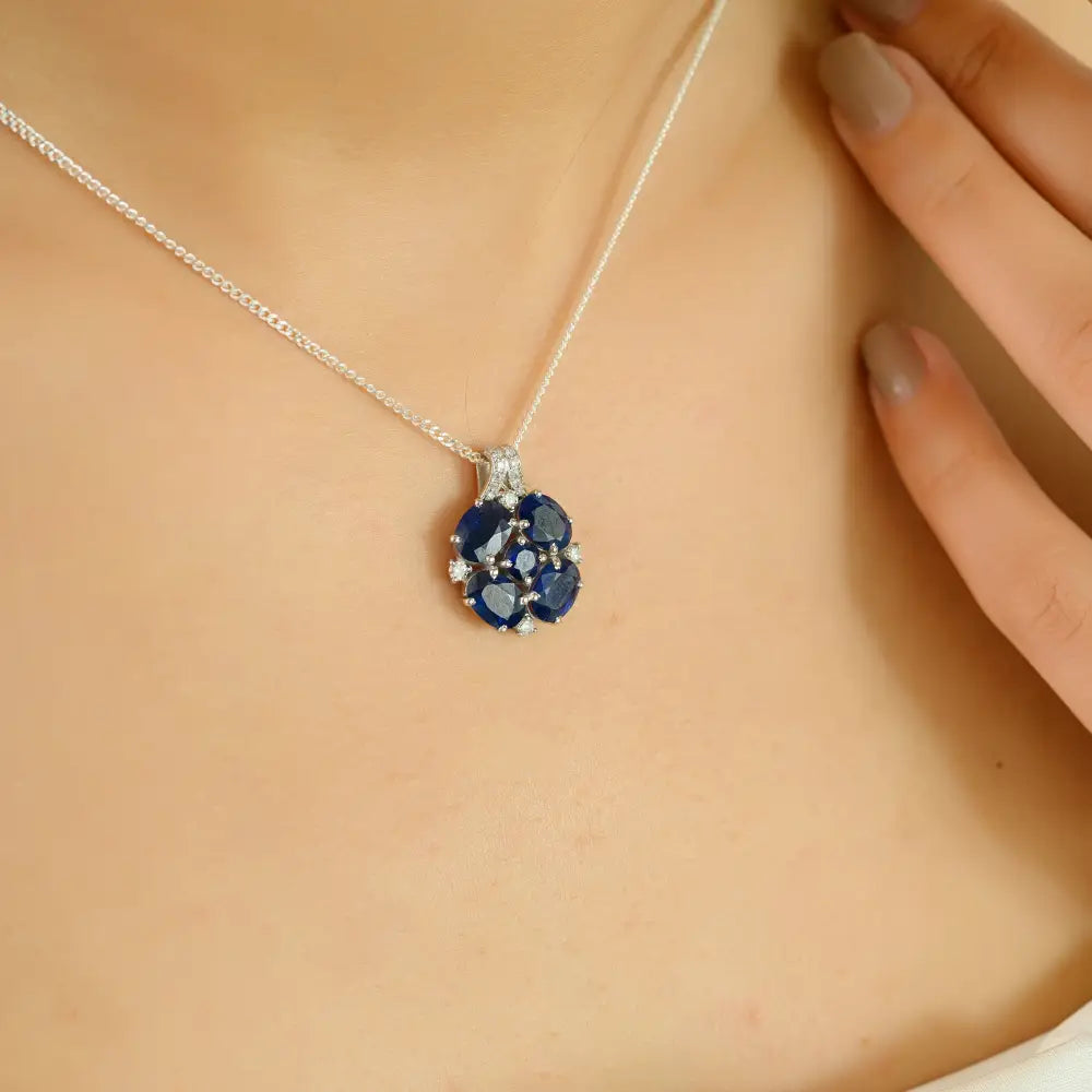 September Birthstone 14K White Gold Blue Sapphire & Diamond Gemstone Pendant Fine Jewelry
