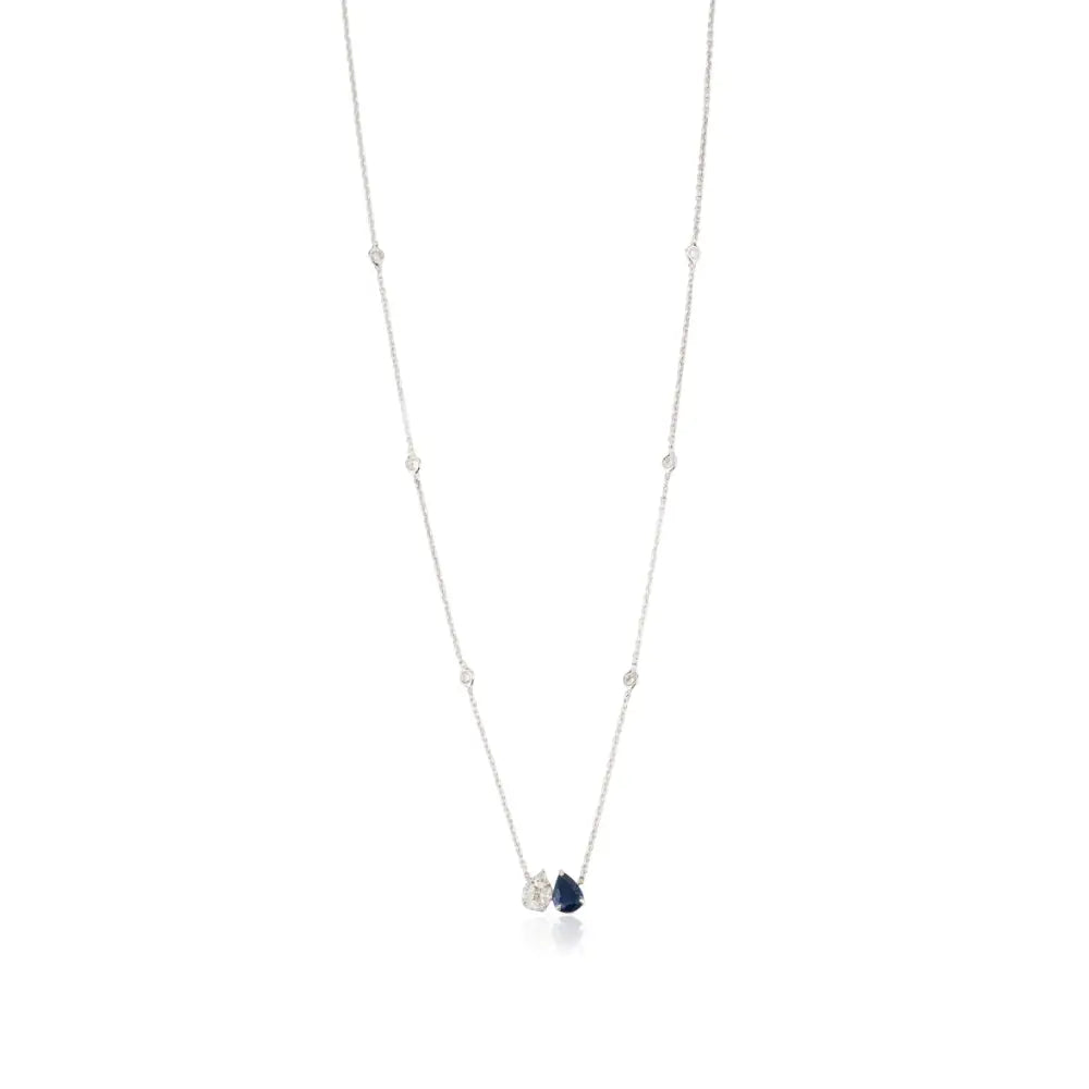 Latest Design Real Blue Sapphire & Diamond Toi et Moi Pendant Necklace K14 White Gold Jewelry