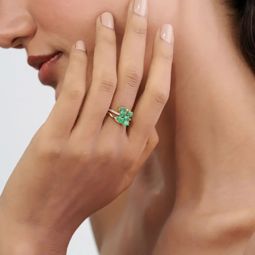 Explore Natural Gemstone Emerald & Diamond 14K Solid Yellow Gold Wedding Ring For Women