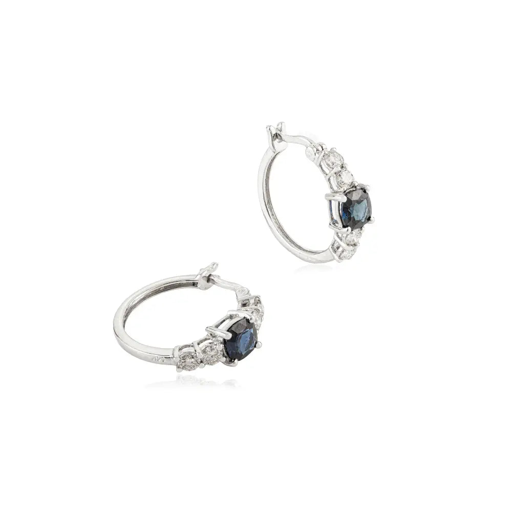 Cushion Shape Blue Sapphire & Diamond Fine Women Hoop Earrings 14K Real White Gold Jewelry
