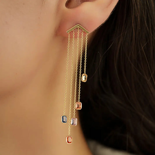 Unique Design Rainbow Sapphire Multi Chain Dangle Earrings Solid 14K Yellow Gold Jewelry