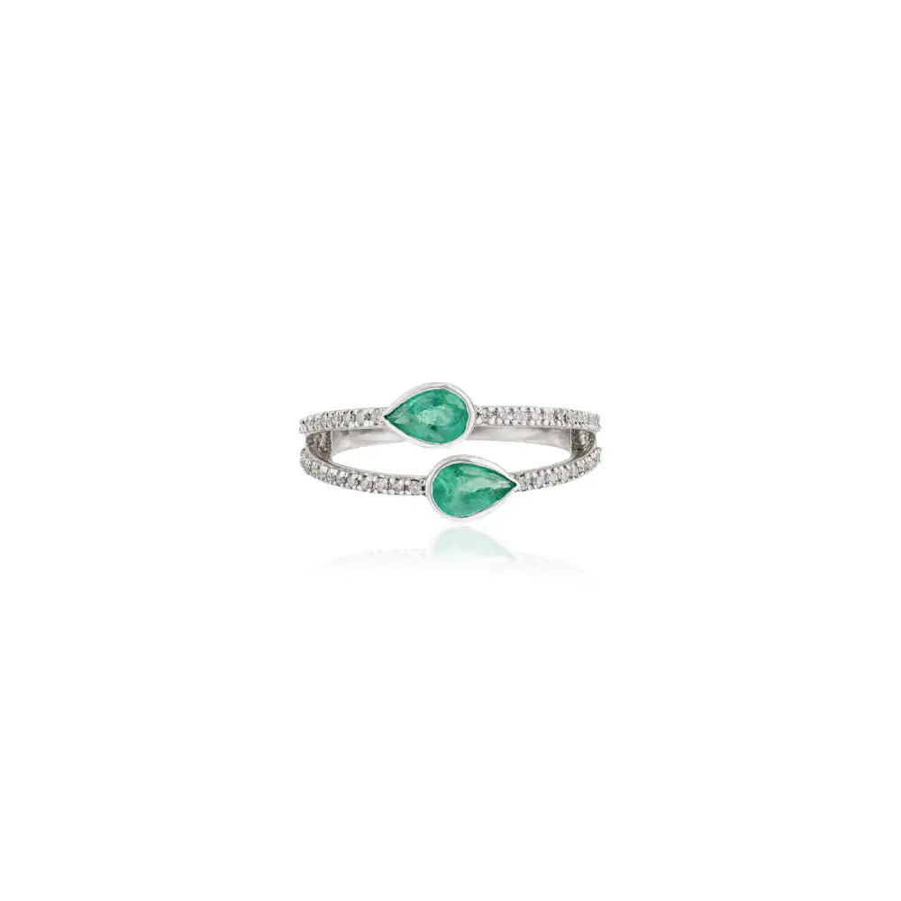 100% Real Emerald & Diamond Double Band Ring Handmade K14 Solid White Gold Latest Jewelry