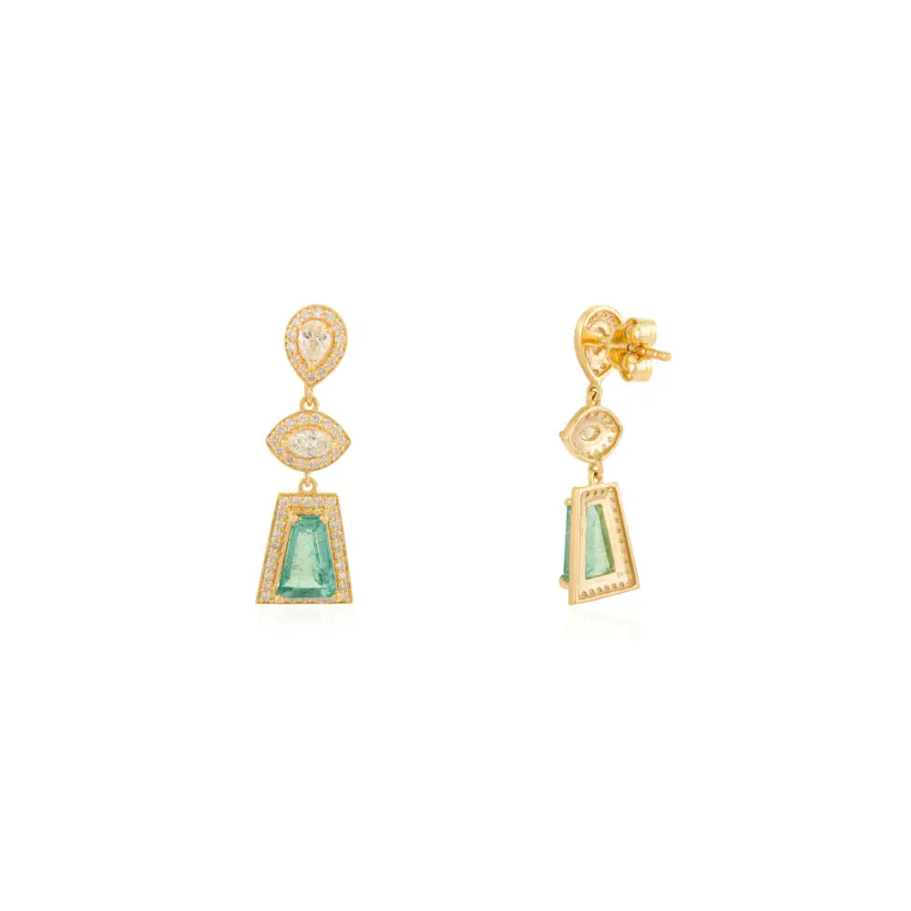 New Style 18K Yellow Gold Emerald & Diamond Statement Dangle Earrings Handmade Jewelry