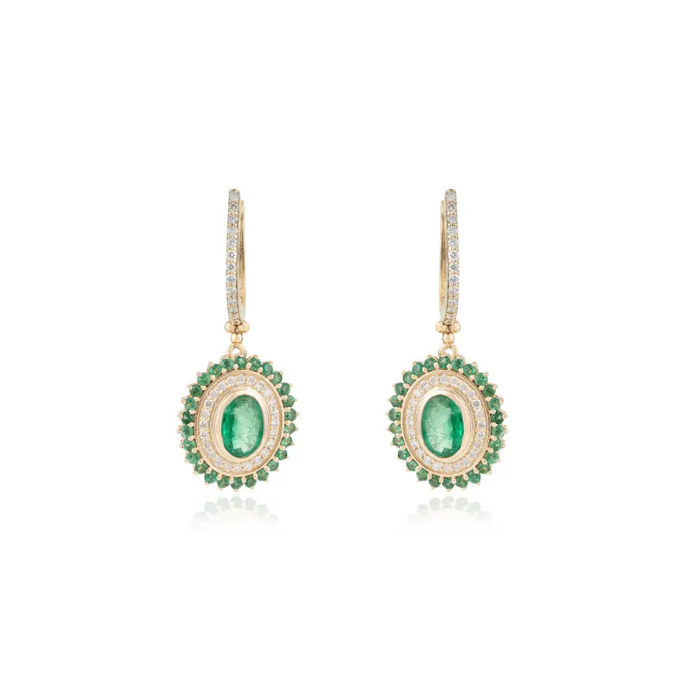 14K Real Yellow Gold 2.12 Ct. Zambian Emerald & Diamond Lever Back Hoop Drop Earrings