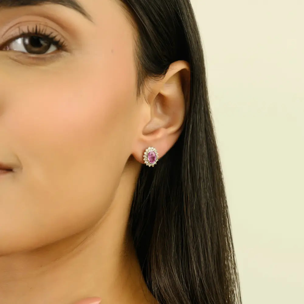 K14 White Gold Bezel Set Pink Sapphire & Diamond Cluster Halo Stud Earrings Handmade Jewelry
