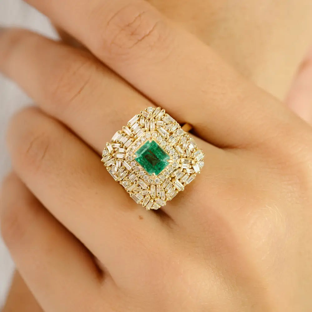 6x5mm Octagon Cut Emerald & Diamond Bold Wedding Ring Pure 14K Yellow Gold Fine Jewelry