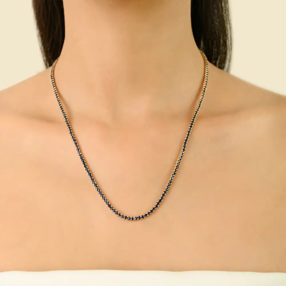 New Trendy 14K Real Yellow Gold Blue Sapphire Sleek Tennis Necklace Party Wear Jewelry