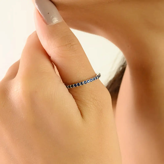 Pave Setting Blue Sapphire Minimalist Stacking Band Ring Graduation Gift 14K White Gold
