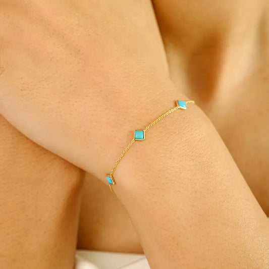 Square Cut Turquoise Gemstone Dainty Station Bracelet Real K14 Yellow Gold Minimal Jewelry
