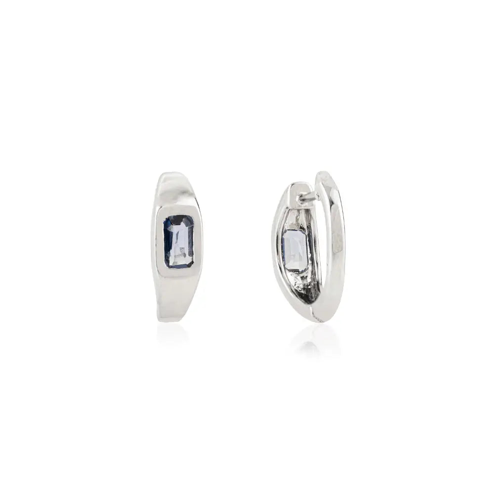 Bezel Setting Blue Sapphire Simple Huggie Hoop Earrings K14 White Gold Precious Jewelry