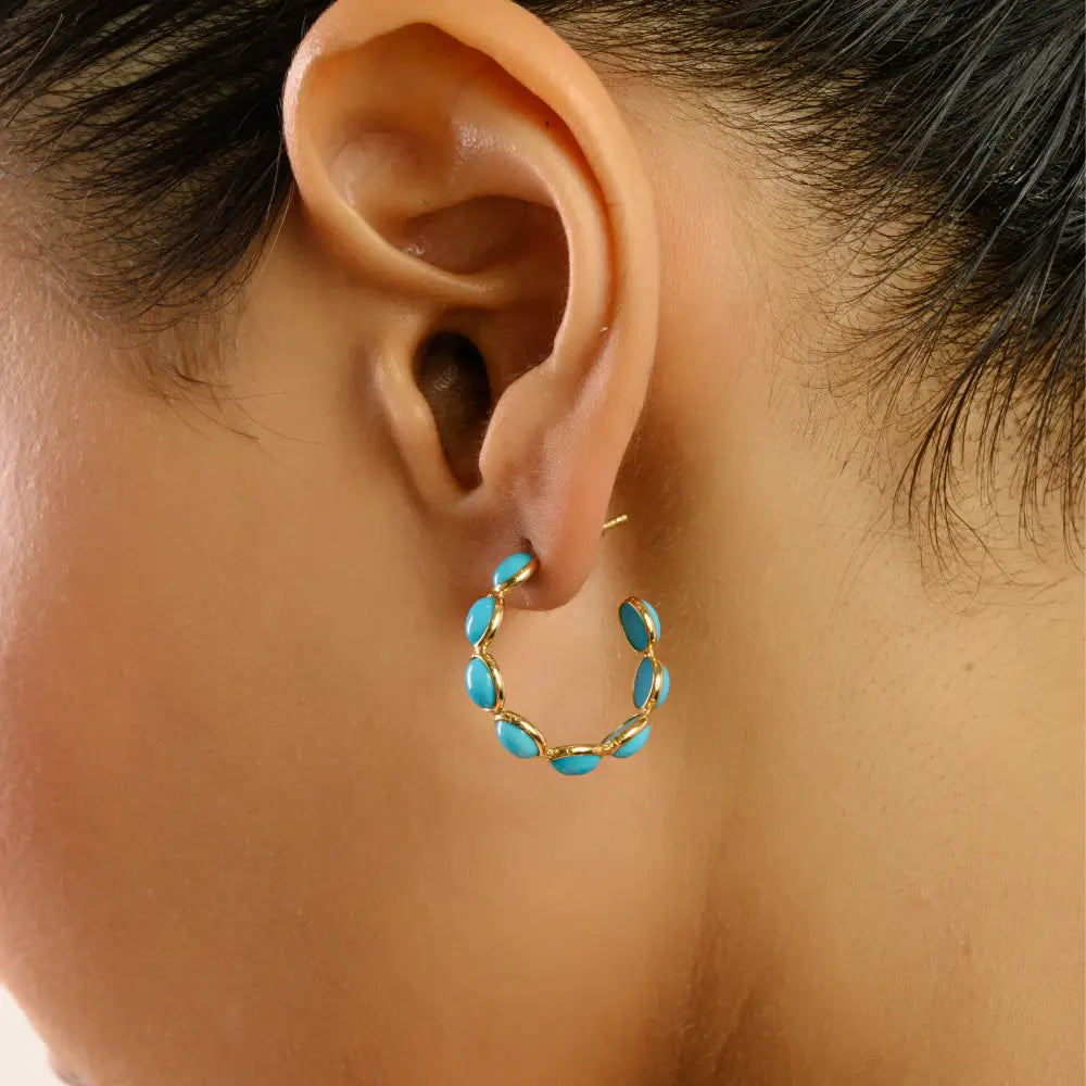Cabochon Cut Gemstone Turquoise C Shape Hoop Earrings For Daily Wear 18K Real Gold