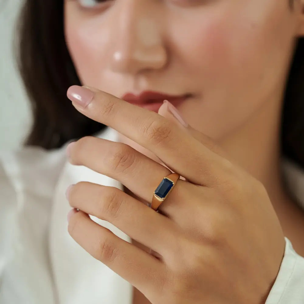 6x9 mm Octagon Cut Blue Sapphire Chunky Signet Ring For Men's 14K Real Yellow Gold Jewelry