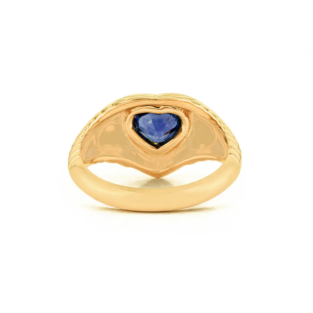 Gypsy Set Blue Sapphire Gemstone Heaty Shape Croissant Pinky Ring 14K Yellow Gold Jewelry