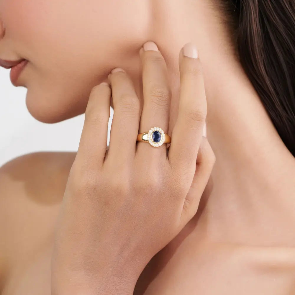 14K Solid Yellow Gold Blue Sapphire & Diamond Halo Signet Ring For Men's Wedding Jewelry