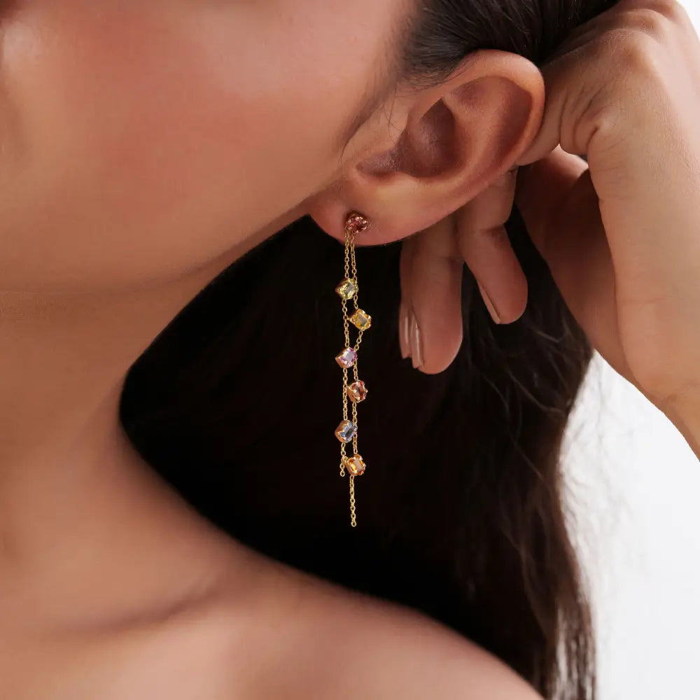 14K Yellow Gold Rainbow Multi Sapphire Double Link Chain Dangle Earrings For Wedding