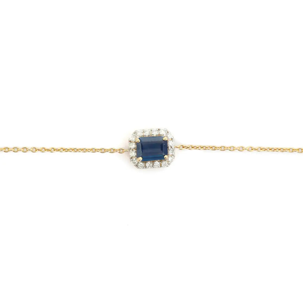 New Trendy 14K Yellow Gold Blue Sapphire & Diamond Solitaire Halo Bracelet Stacking Jewelry