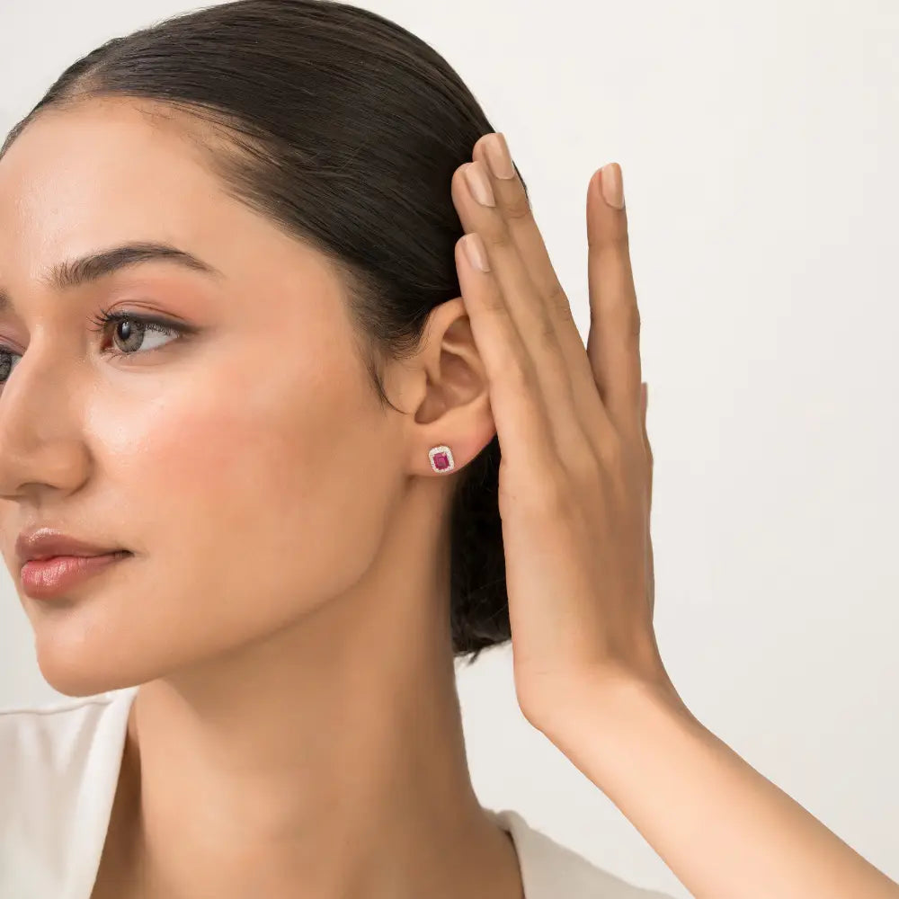 Prong Set Ruby & Diamond Simple Design K14 Yellow Gold Halo Stud Earrings Women's Gift