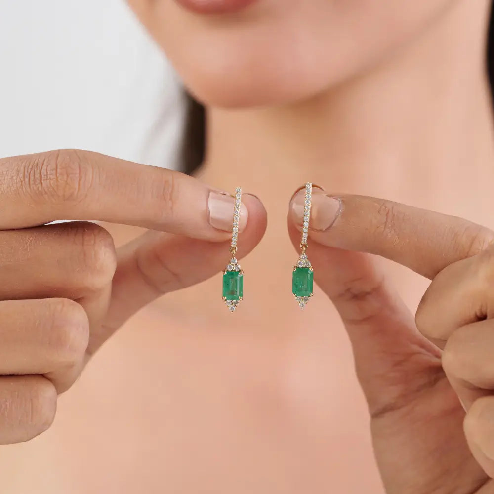 Elegant Design Solid K14 Yellow Gold Emerald & Diamond Hoop Drop Earrings For Women's