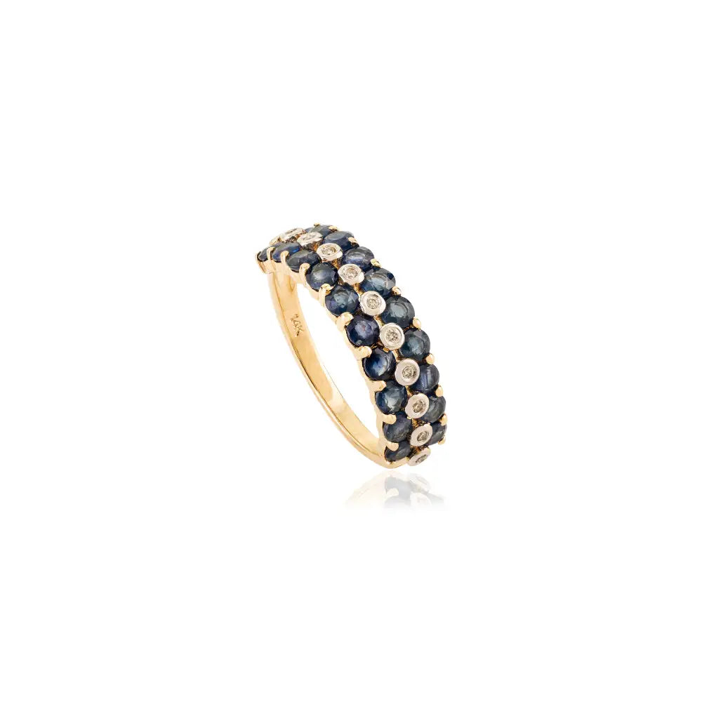 Beautiful Handmade Blue Sapphire & Diamond 14K Real Yellow Gold Wedding Band Ring