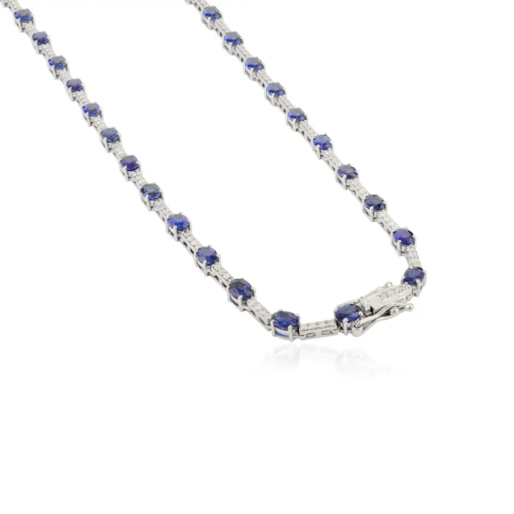 ODM OEM Jewelry Natural Blue Sapphire & Diamond Tennis Necklace Real K14 White Gold