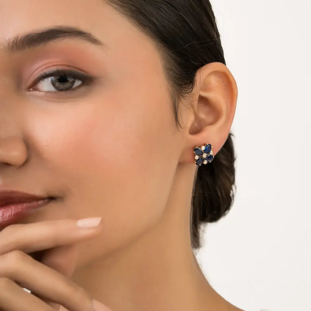 Blue Sapphire & Diamond Fine 14K Real Yellow Gold Floral Shape Stud Earrings For Women