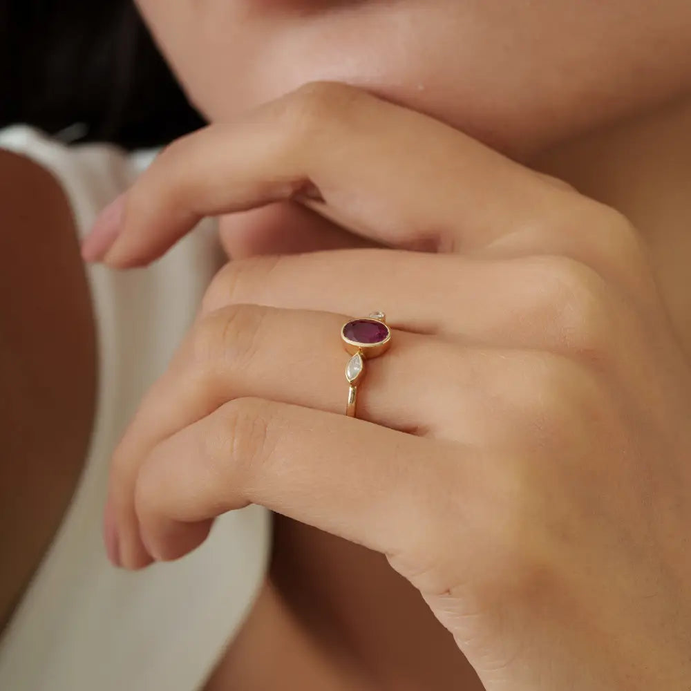 18K Solid Yellow Gold Bezel Set Ruby & Diamond Stack Three Stone Ring July Birthstone Jewelry