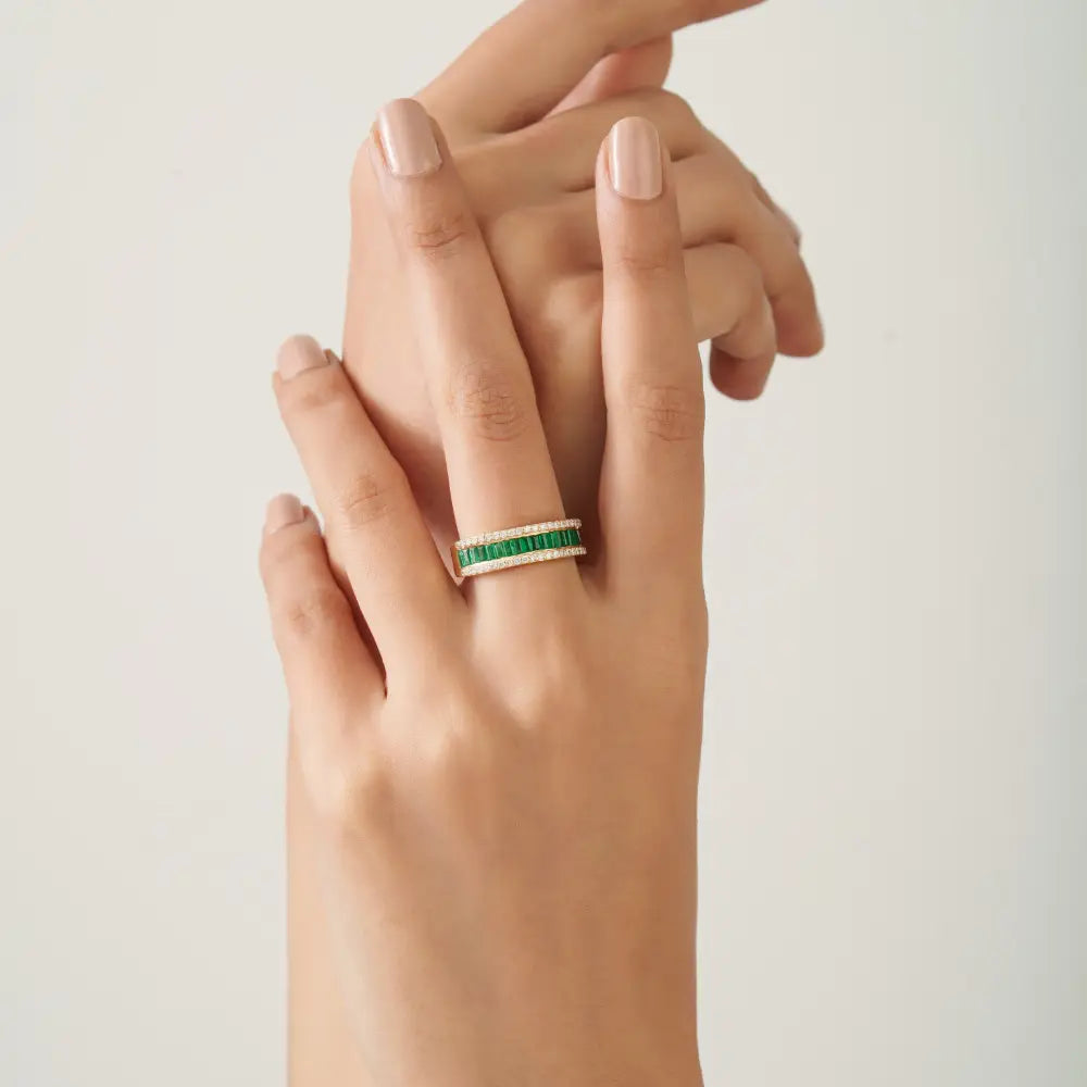 Baguette Shape Emerald & Round Cut Diamond K14 Yellow Gold Half Eternity Band Ring