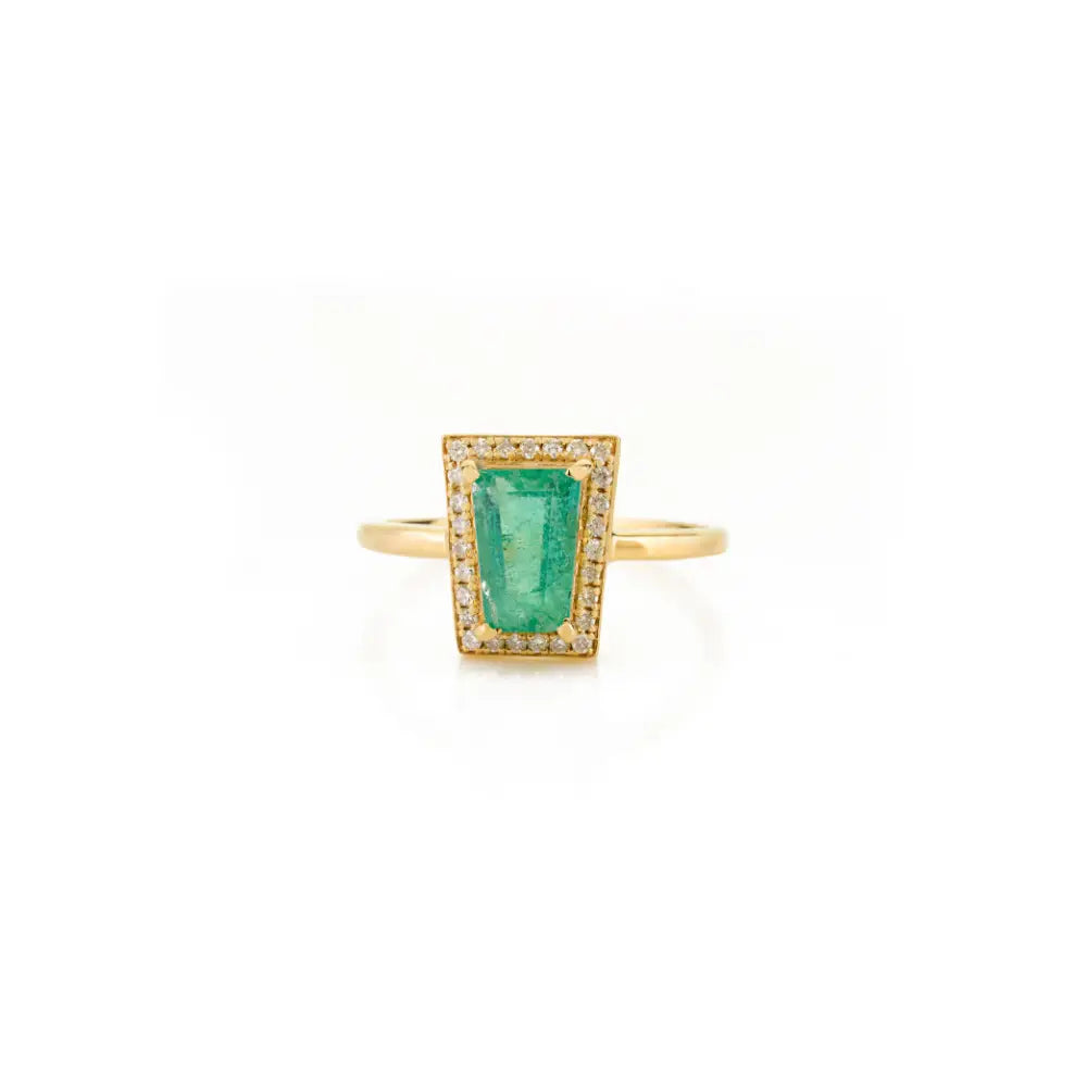 Latest Design Fine Emerald & Diamond Halo Stackable Ring K18 Yellow Gold Jewelry Supplier