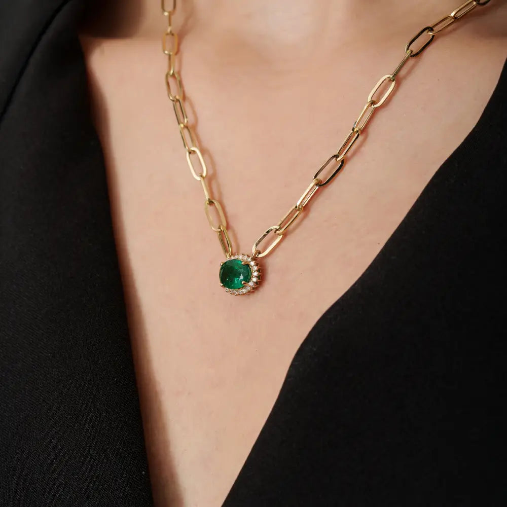 7x9 mm Oval Cut Emerald & Diamond 14K Real Gold Paperclip Chain Solitaire Cluster Pendant Necklace